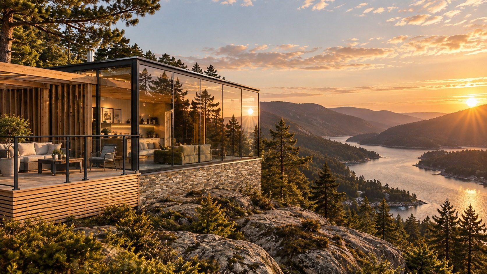 Plusieurs habitats Nöma disposés le long d'un sentier de pierre au coucher du soleil, surplombant un lac