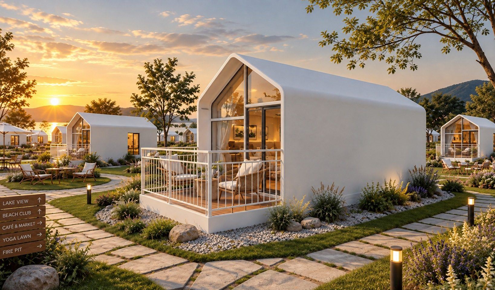 Nöma Fold, tiny house au bardage blanc et toit à pans coupés