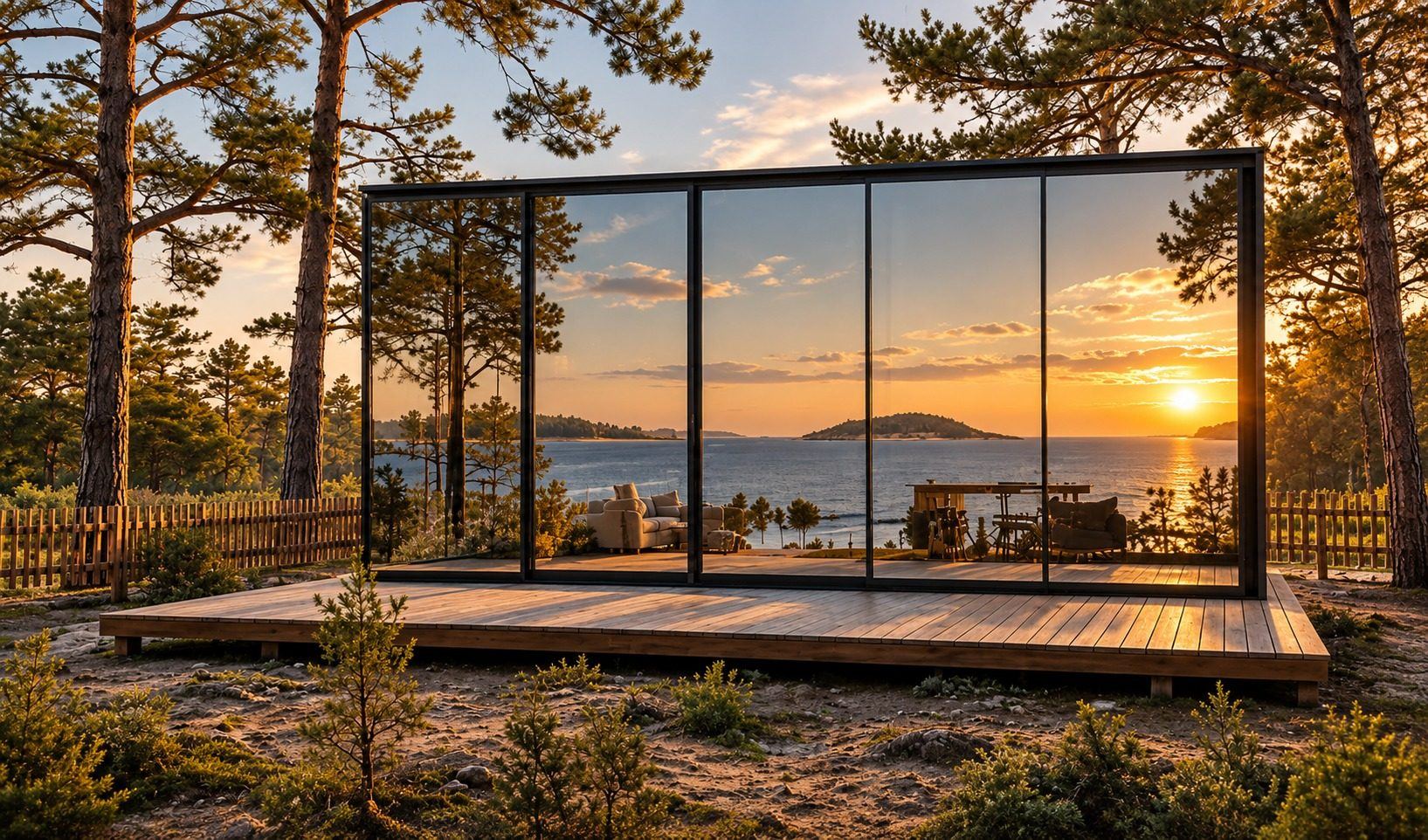 Nöma Glass, tiny house entièrement vitrée face à la mer, structure acier corten