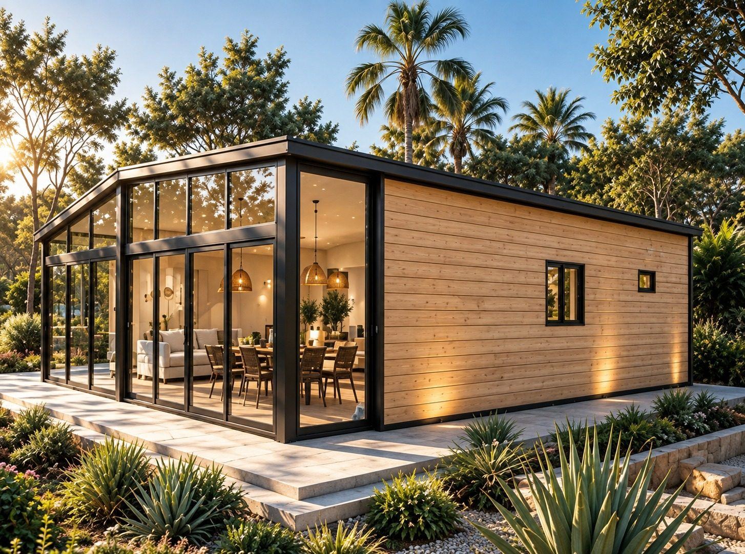 Maison modulaire lumineuse intégrée dans son environnement naturel