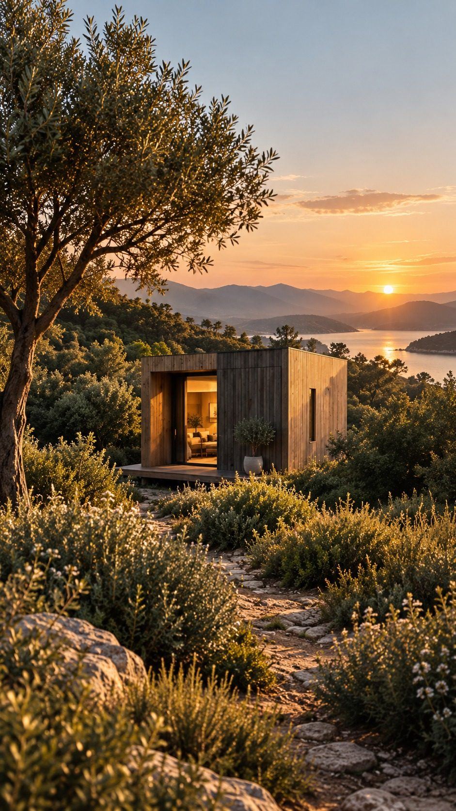 Maison modulaire Nöma au bord de l'eau au coucher du soleil, cadre destiné à l'investissement locatif
